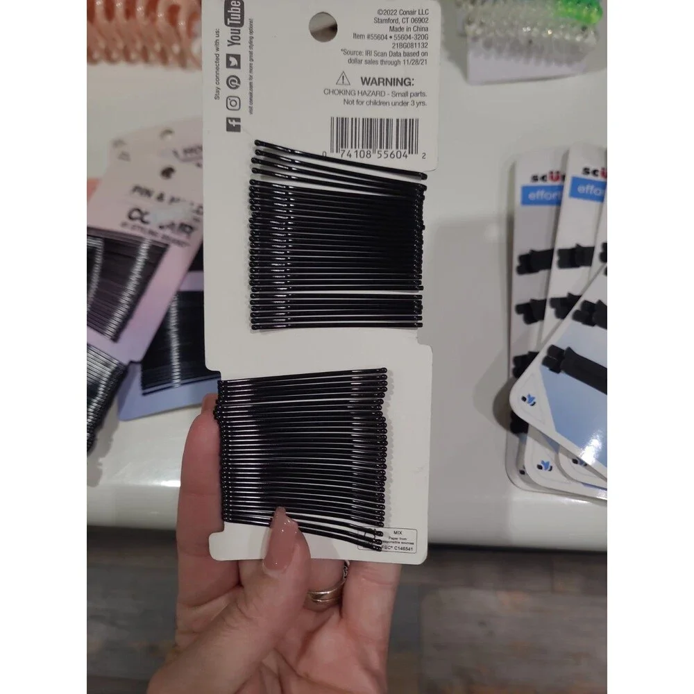 15 Pks Conair Pin & Hold Curved Bobby Pins, Black 55604 AND scunci  Clip/pins HB